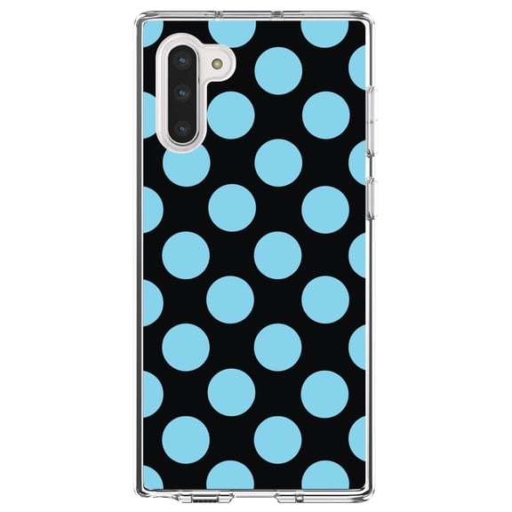 DistinctInk Clear Shockproof Hybrid Case for Samsung Galaxy Note 10 (6.3" Screen) - TPU Bumper, Acrylic Back, Tempered Glass Screen Protector - Black Blue Polka Dots