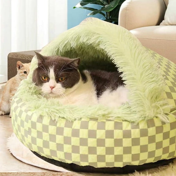 15.75in Cozy Dog Bed with Cover, Semi-Enclosed Cave Pet Bed, Soft Plush Cushion, Non-Slip Base, Washable, for Small Large Dogs and Cats, Green