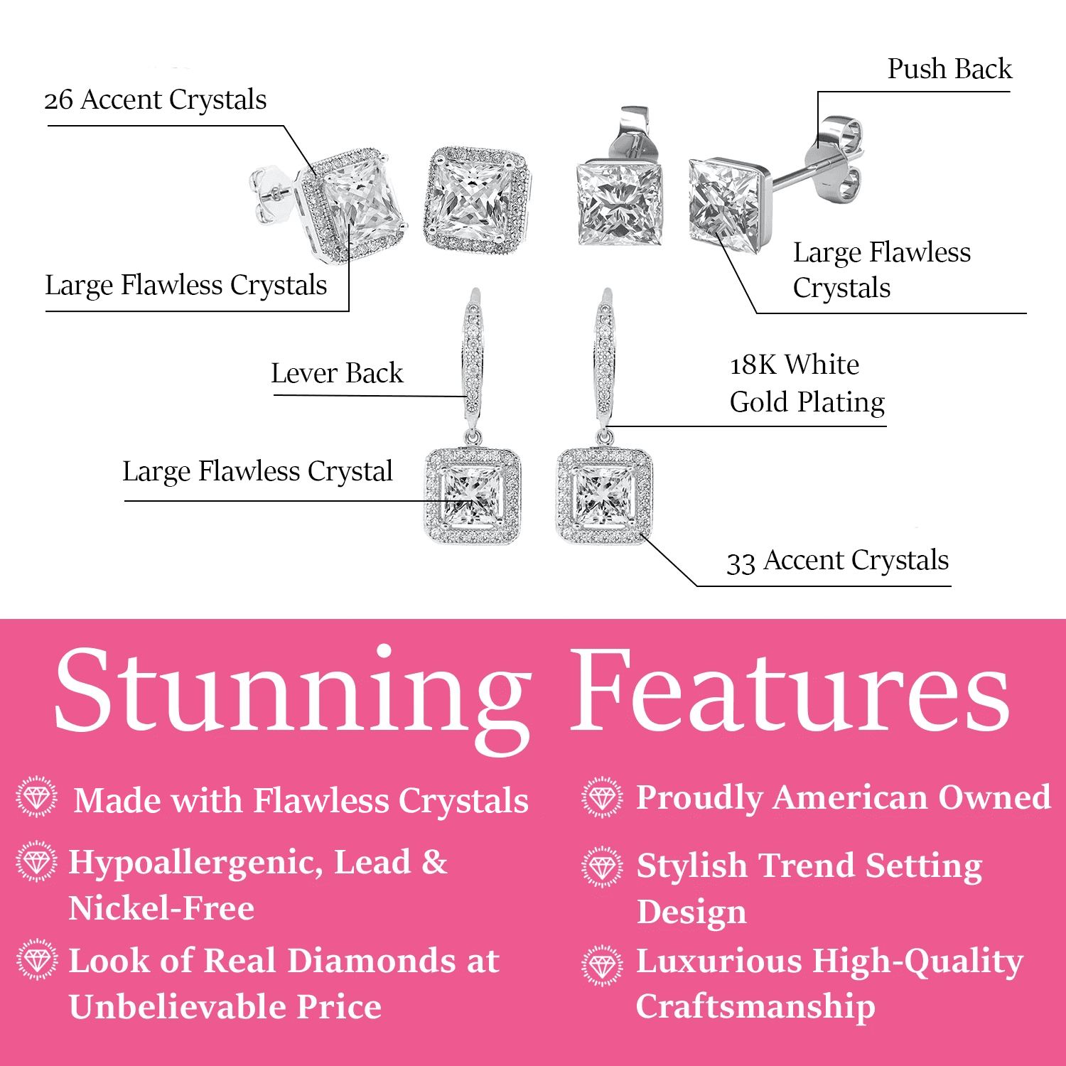 Cate & Chloe Pack of 3 - Norah, Ivy & Brooke 18k White Gold Plated Stud Earrings with Flawless Crystals for Women