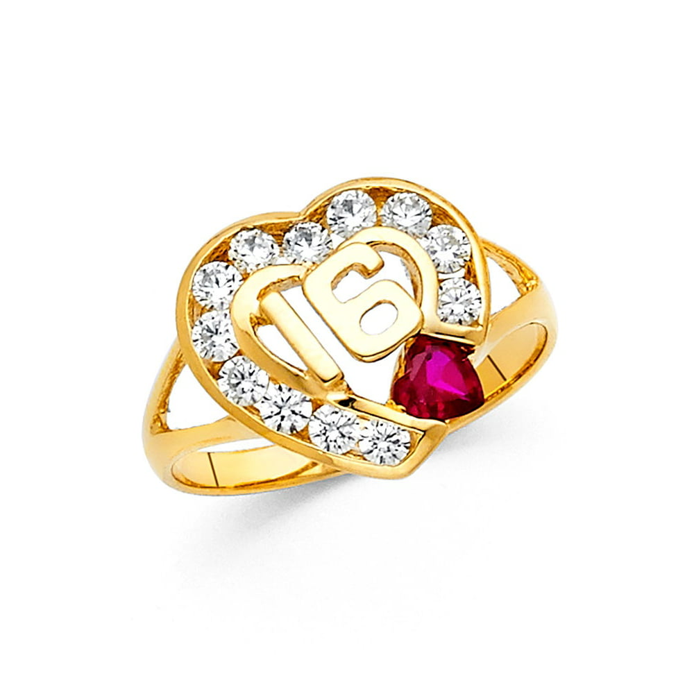 GemApex Sweet 16 Ring Solid 14k Yellow Gold Heart Band Birthday