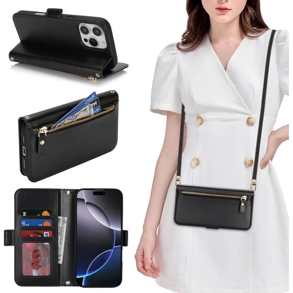 for iPhone 16 Pro Max Wallet Case for Women,Zipper Pocket,PU Leather Phone Case Stand flip Cover Crossbody Lanyard Strap Zipper Credit Card Holder Slots for Apple 16 ProMax,Black