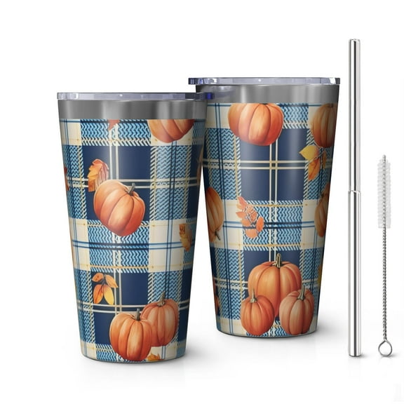 16oz Tumblers Fall Pumpkins and Leaves on Plaid Background Stainless Steel Vacuum Insulated Double Wall Travel Tumbler Cups Mug with Lid and Straw,Cleaning Brush for Coffee,Tea