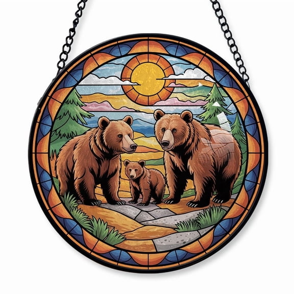 Brown Bears Family of 3 Stained Glass Suncatcher Window Hanging – Christmas 2025 Tree Window Hanging Keepsake for Families, Couples and Loved Ones, Customizable Text