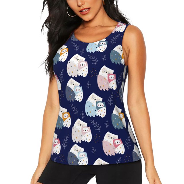 Fotbe Mom And Baby Owls Blusas Sin Mangas para Mujer – Estilo Casual, Corte Suelto, Slim-Fit, Cuello Redondo Deportivo, Tops de Verano para Gimnasio y Yoga-XX-Large