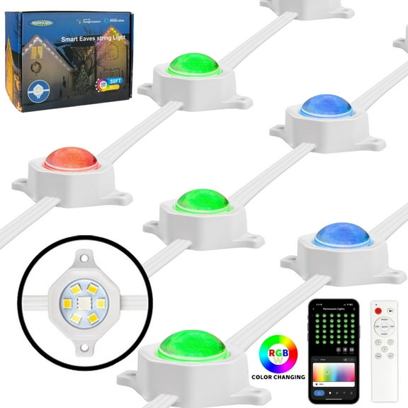 Novelty Lights 50ft RGBW Permanent Smart Outdoor Soffit Lights, Tunable White, App/Remote Control, 3x16.6ft Strings, 12-36 LED Nodes, IP68, Music Mode