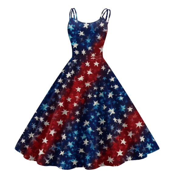 HAJWOH Women 4th of July Dresses 50s 60s Vintage Sleeveless Star and Stripe Print Cocktail Swing Dress Retro Patchwork Midi Evening Dress Navy XXXL