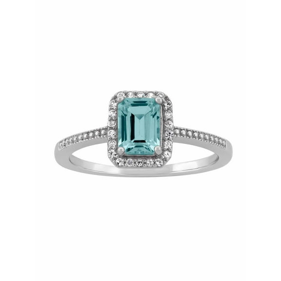 Aquamarine and CZ Sterling Silver Emerald-Cut Halo Ring