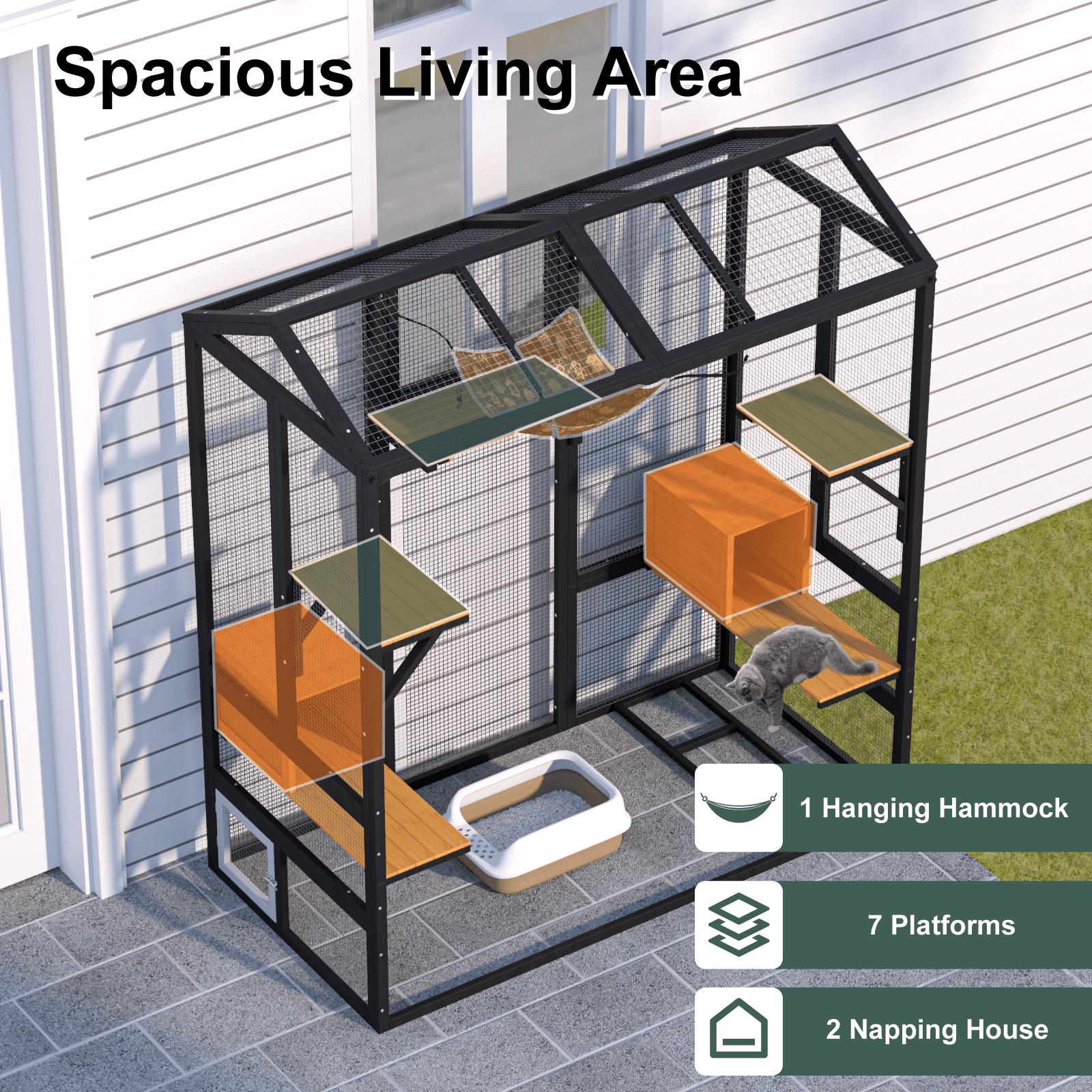 TIMHAKA 71'' Catio Outdoor Cat Enclosure, Large Cat Catio with Window Access, Hammock, 7 Platforms and 2 Resting Box, Black