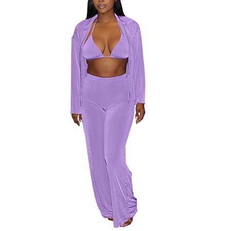 LUXUR Women Cardigan Outfits Long Sleeve Bra+Pant+Cardigans Set Lapel 3  Piece Sets Halter Fall Solid Color Violet S | Walmart Canada