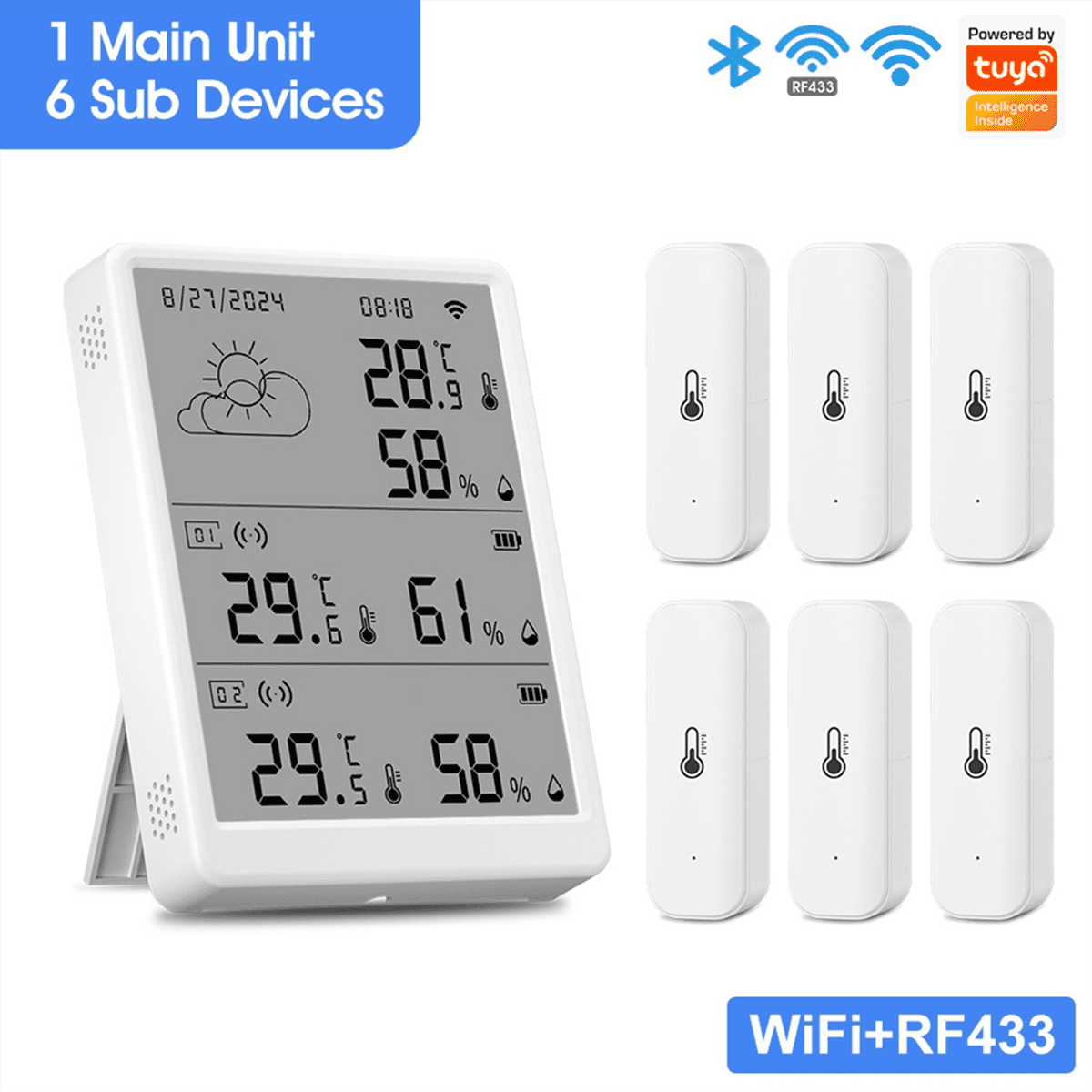Tuya WIFI Weather Station Digital Forecast Screen with 6 WiFi+RF433 Sensors Thermometer Hygrometer Support Voice Control,1 x Display 6 x Sensor,White