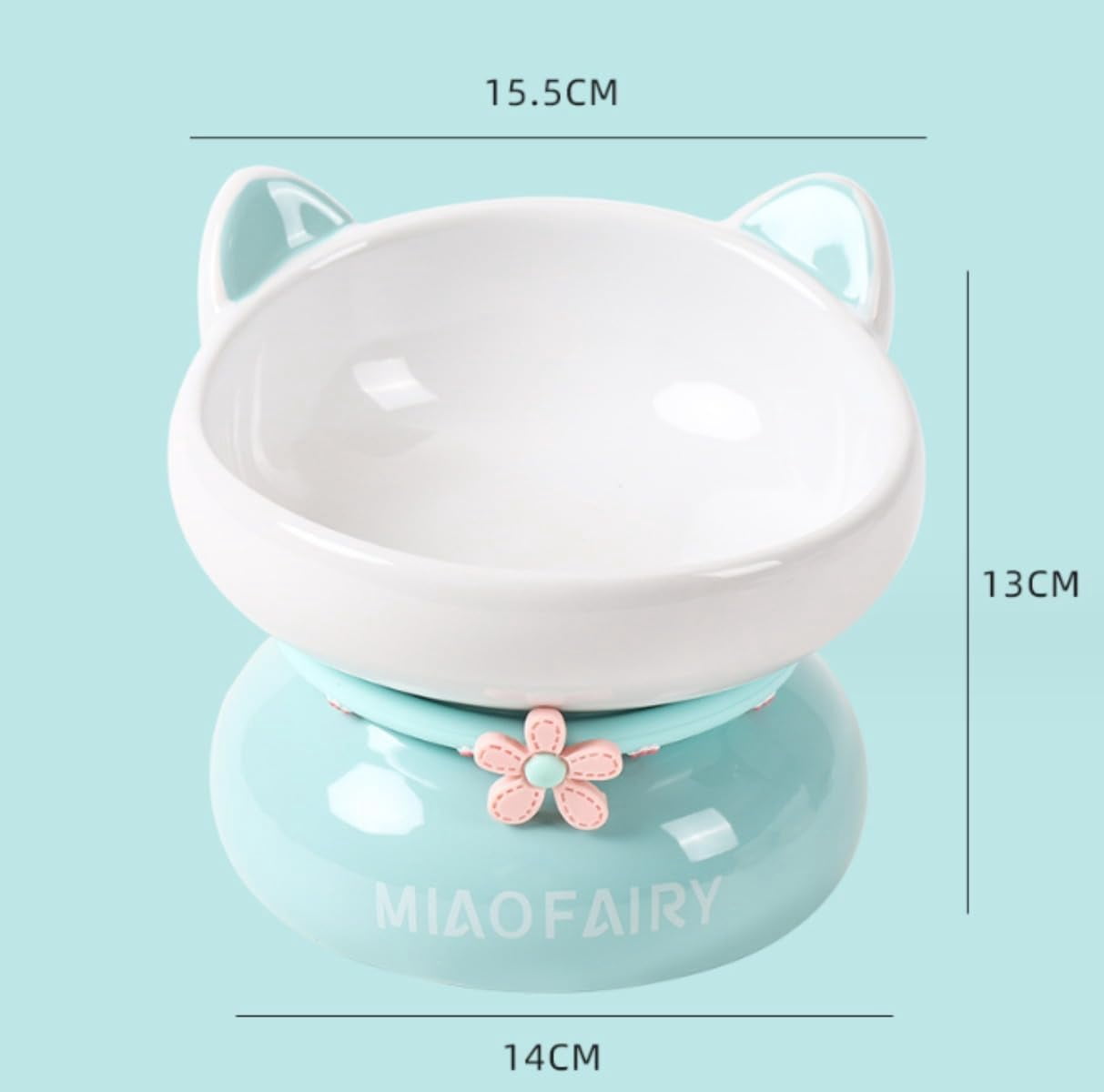 Fairela™ Elevated Ceramic Cat Bowl with Cute Ear Design - Anti-Slip Raised Stand Pet Food & Water Dish for Cats, Small Pets,Green