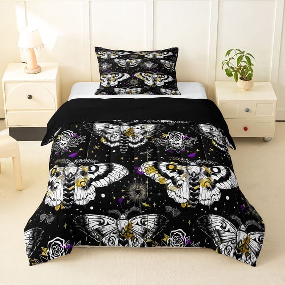 Homewish Death Moths Twin Comforter Sets,Halloween Spooky Skull Bedding Set,Yellow Purple,Black Reversible,2-Piece,1 Comforter and 1 Pillowcase
