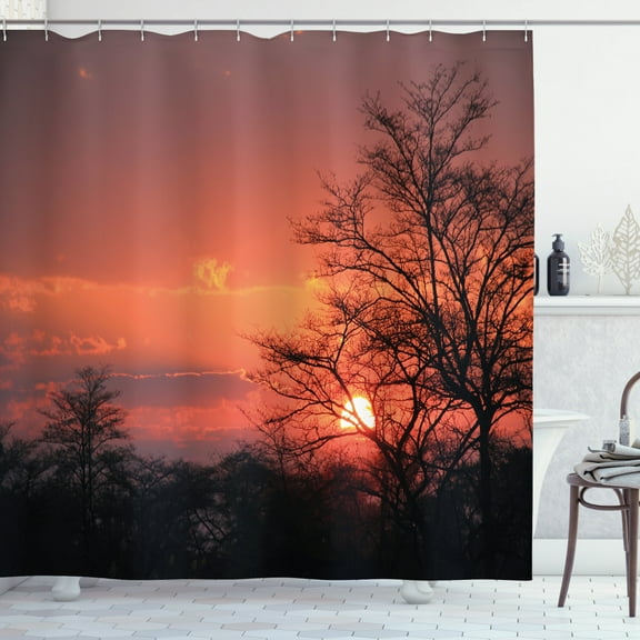 Ambesonne African Shower Curtain, Sunset at Kwando River, 69"Wx75"L, Coral Orange Black