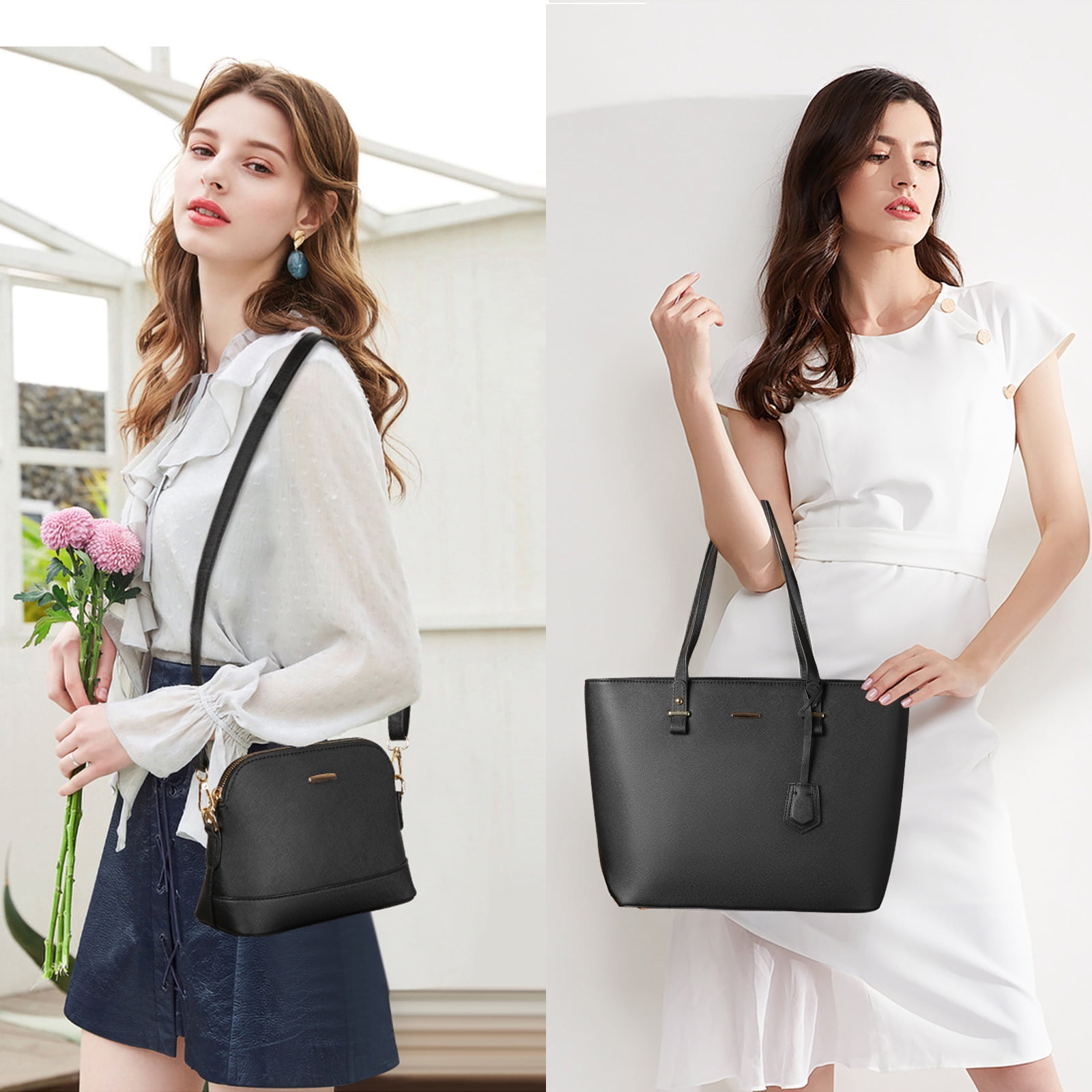 Sendefn Women's 95% Leather Zipper Shoulder Bags, Black, 4-Piece