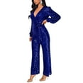 thumbnail image 3 of RYRJJ Women's Sparkly Jumpsuits Party Clubwear Sequins Rompers One-Piece Deep V Neck Long Sleeve Wide Leg Pants with Belt(Blue,3XL), 3 of 5
