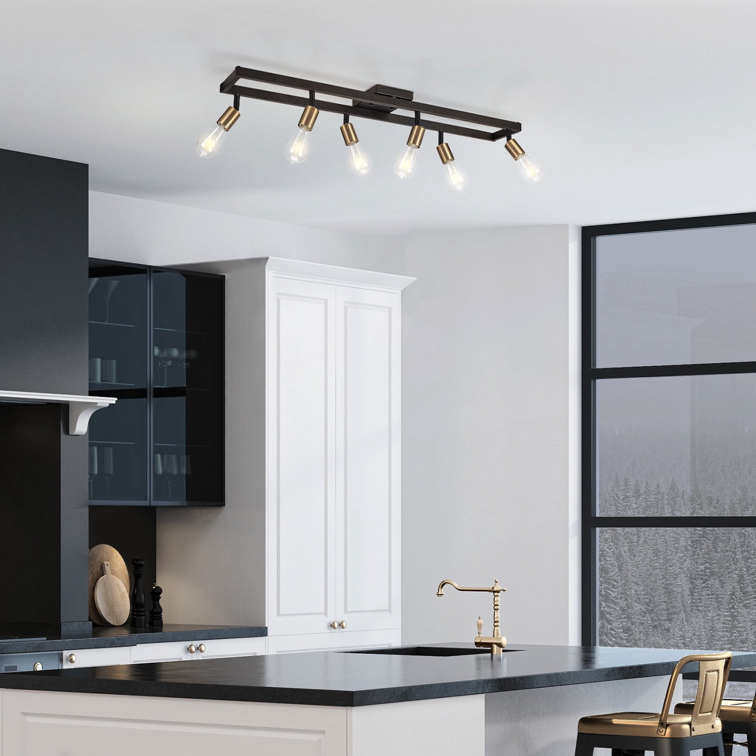 Globe Electric 36" 6-Light Matte Black Track Lighting, Matte Brass Pivoting Track Heads, 91007991
