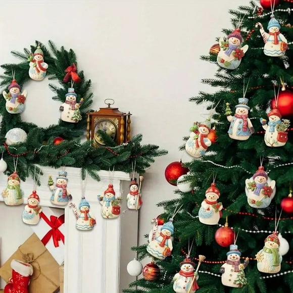 Set de Decoración Navideña de Muñeco de Nieve de Madera | Adorno Colgante de Cuerda para Árbol de Navidad | 9 Piezas