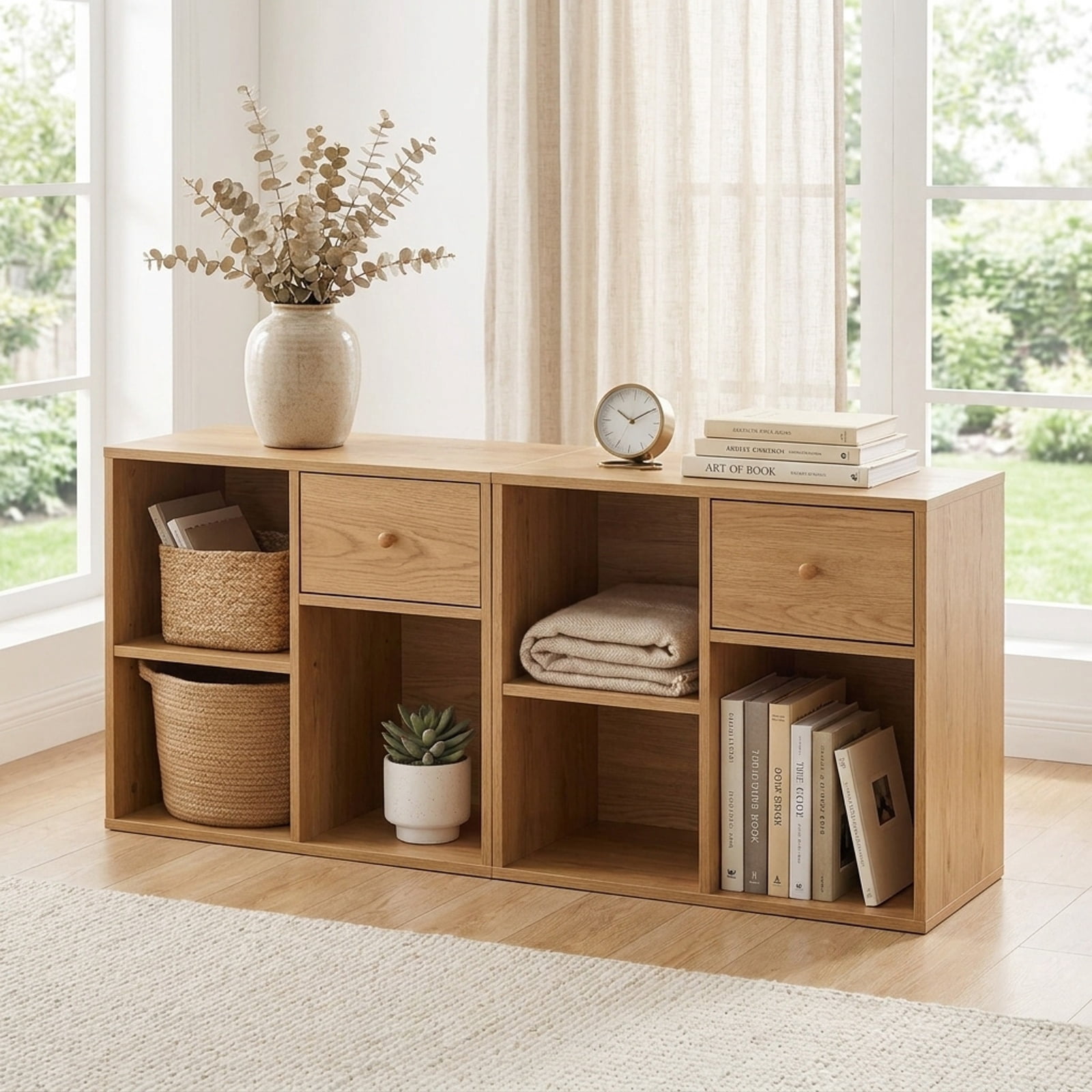 Furnibear 3-Cube Bookcase 2-tier Wooden Storage Shelf with Pull-out Drawer for Living Room Home Office Bedroom Display Storage Shelf, Natural