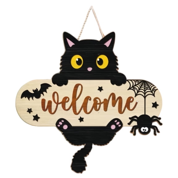 Halloween Black Cat Welcome Sign, Decorative Wooden Front Door Hanging Plaque Ornament for Porch Wall Home Entryway Decor