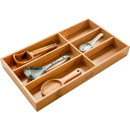 Premium Bamboo Drawer Organizer – 6-Compartment Wood Finish Organizer for Kitchen, Office, or Clothing