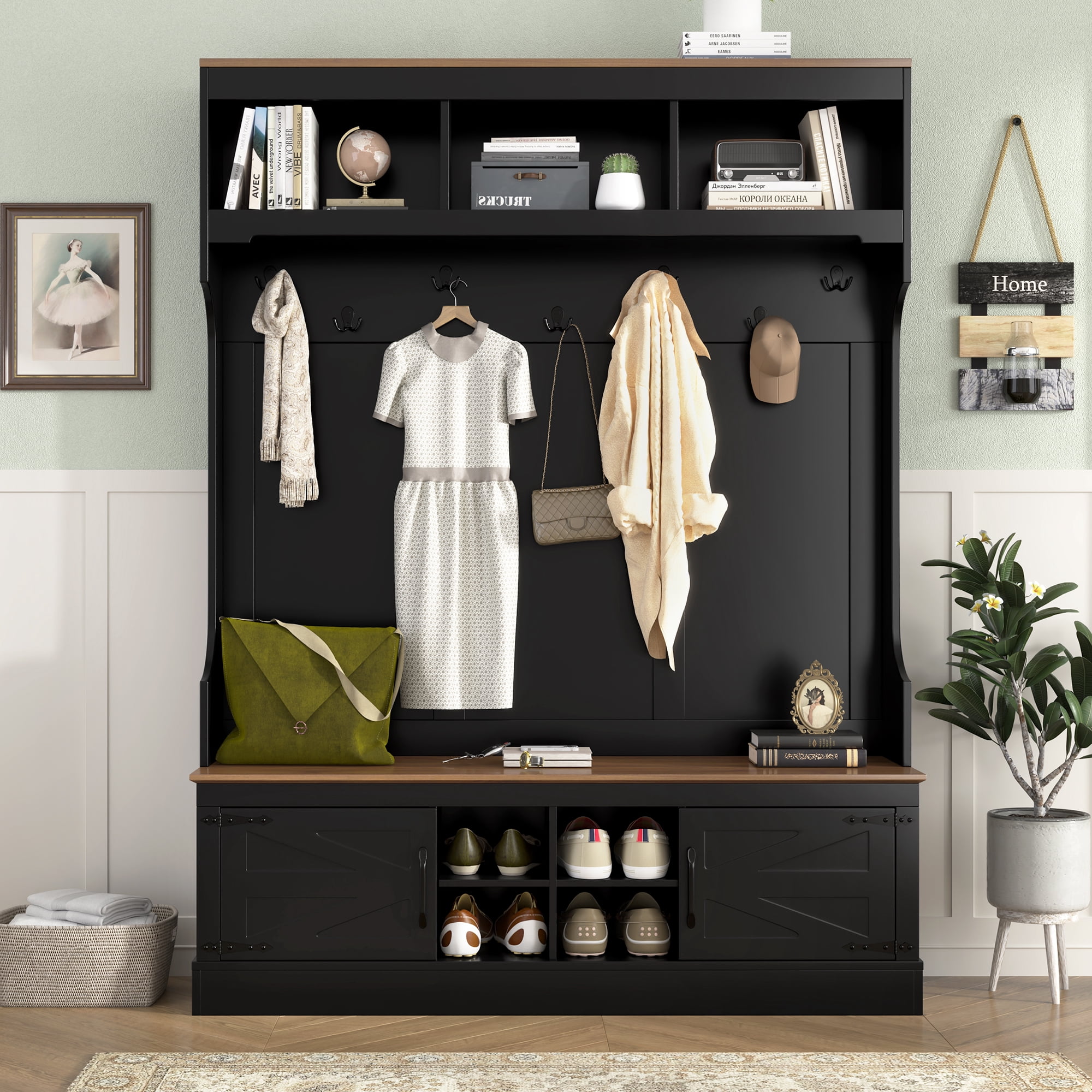 HOQBN 71"H Farmhouse Hall Tree with Bench & Shoe Storage, 5-in-1 Modern Entryway Storage Organizer Cabinet with Coat Rack, 4 Shoe Cubbies & 7 Hooks, Black