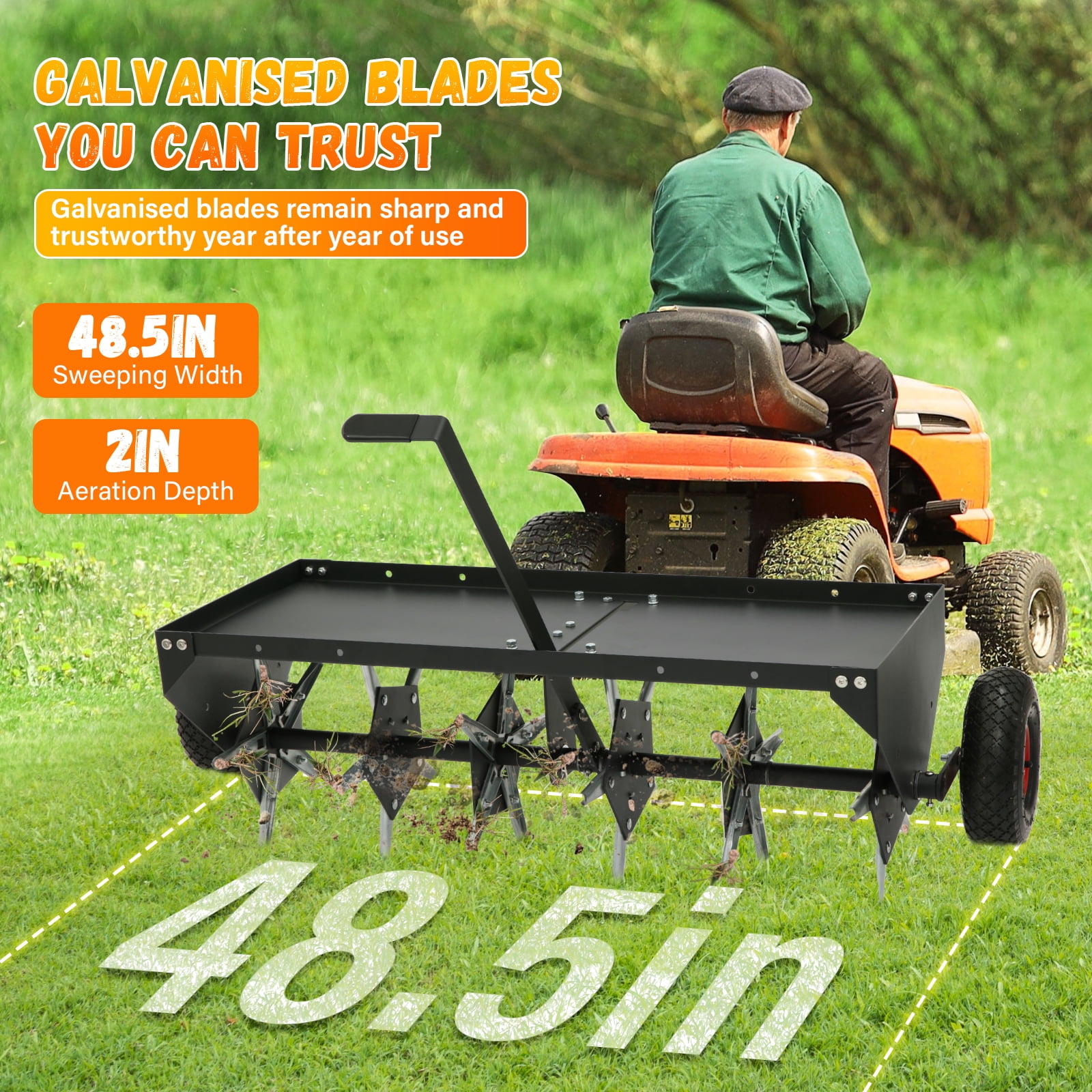 48-Inch Tow Behind Lawn Plug Aerator with Universal Hitch, 30 Galvanized Steel Tines, Weight Tray & Inflatable Wheels for Gardens, Lawns, Farms