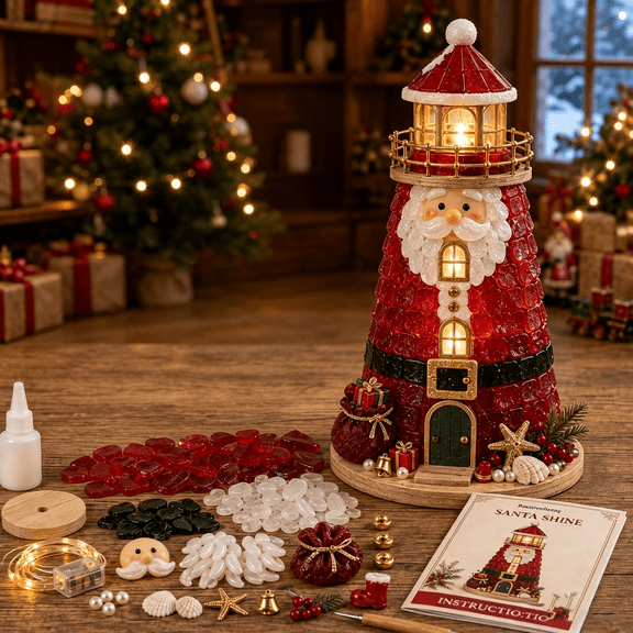 Diy Christmas Santa Lighthouse Craft Kit With Led Light, Christmas Building Set, Holiday Tabletop Craft, Family Activity, Festive Home Decor For Christmas And Birthday Gifts