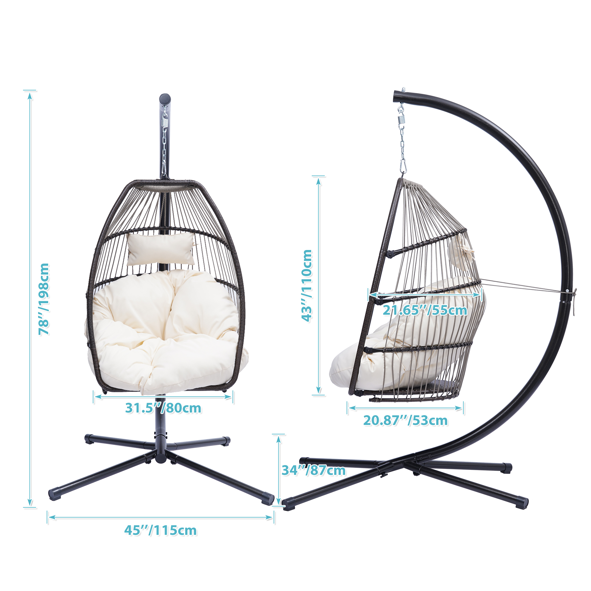Outdoor Patio Furniture, Hanging Egg Chair with Stand, Rattan Wicker Egg Hammock Chair with Hanging Kits, Swinging Egg Chair for Indoor, Bedroom, Patio, Garden, Balcony, Beige Cushion, W11034 - image 5 of 6