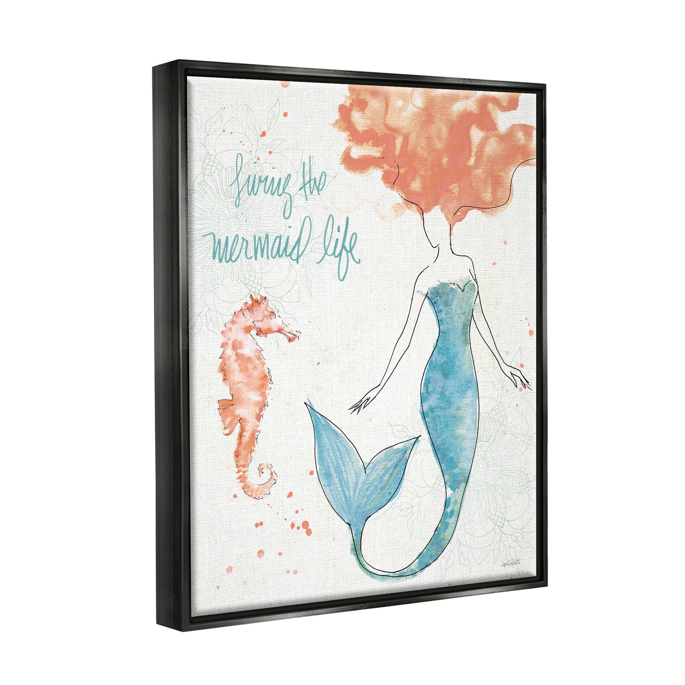 Stupell Industries Living The Mermaid Life Phrase Graphic Art Jet Black Floating Framed Canvas Print Wall Art, Design by Anne Tavoletti