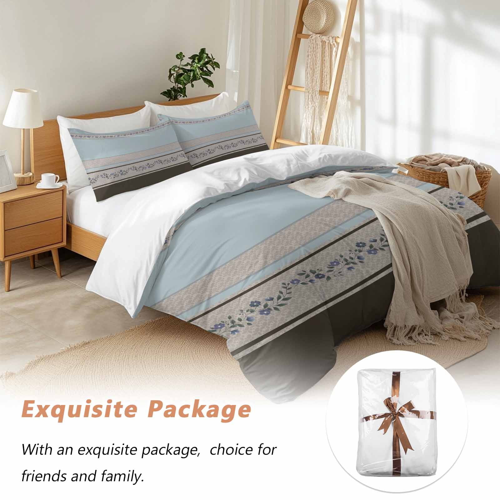 Aqua Floral Bedding 3 Piece Duvet Cover Set Twin Size, Modern Farmhouse Leaves Brown Striped Soft Microfiber Comforter Cover with Zipper Closure & Pillowcases, Wrinkle & FadeResistant Quilt Cover