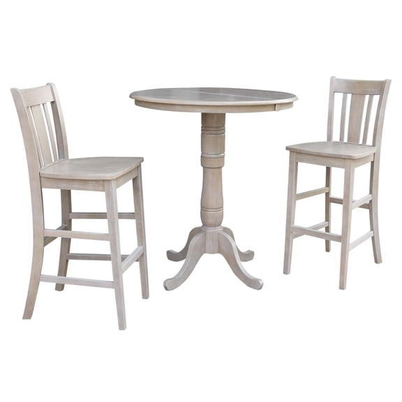 36" Round Bar Height Table with 12" Leaf and 2 San Remo Stools - Washed Gray Taupe - 3 Piece Set