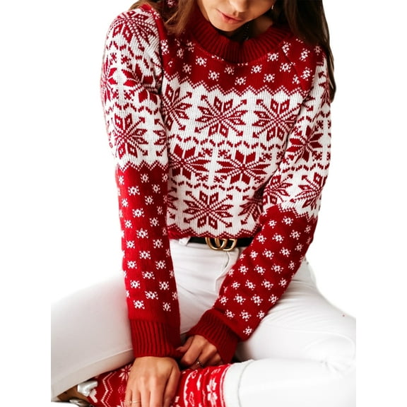 Women Christmas Sweaters Long Sleeve Elk Snowflake Print Knit Tops