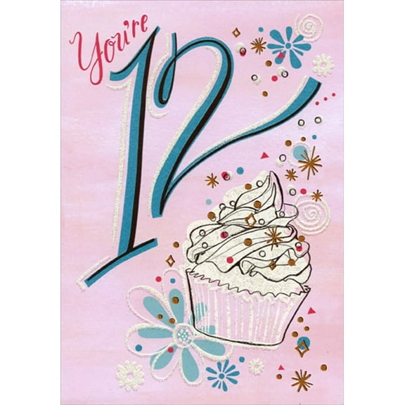 Designer Greetings Cupcake with White Frosting and Gold Foil Age 12 / 12th Birthday Card for Girl