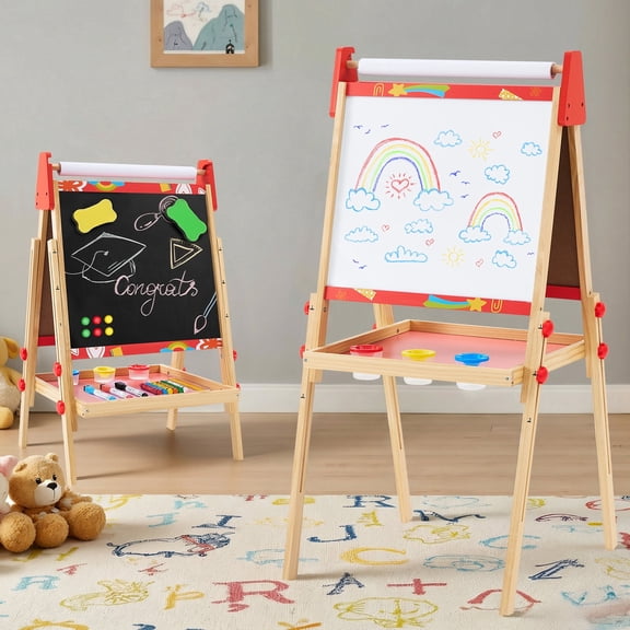 CONCETTA Kids Easel, Double-Sided Magnet Whiteboard & Chalkboard with Paper Roll, Storage Shelf & Accessories, Red