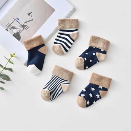 

QWZNDZGR 5Pairs/Set Winter Warm Strip Baby Socks Cute Cartoon Dot Thick Boys Girls Floor Sock Star Soft Newborn Toddler Kids Terry Socks