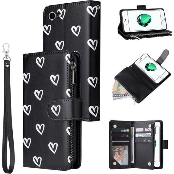 Wallet Case for iPhone SE 2022/7/8/SE 2020 - PU Leather, Magnetic, Zipper Pocket, Card Slots, Wrist Strap - Black Heart