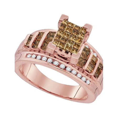 Rose Gold Princess Diamond - 10kt Rose Gold Womens Princess Cognac-brown Color Enhanced Diamond Cluster Bridal Wedding Engagement Ring 1.00 Cttw