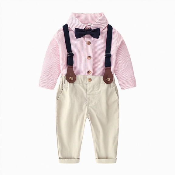 Splozh Baby Boy Dressy Outfit Toddler Kids Baby Boys Bowtie Gentleman T-Shirt Tops Suspender Pants 2PCS Set Christening Outfits,Pink,2-3 Years