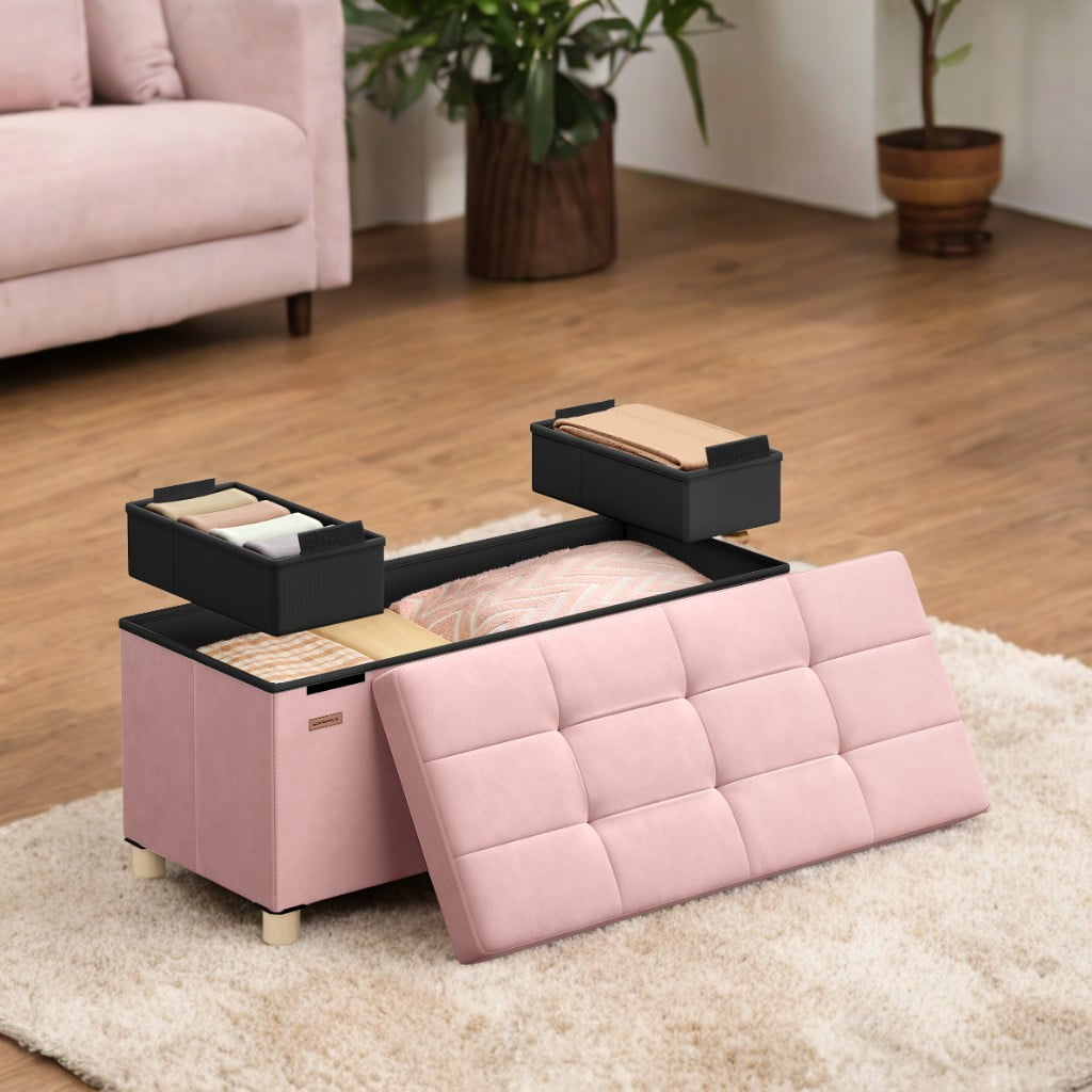 SONGMICS 30" Storage Ottoman Bench, Ottoman with Storage, 30 Gal Foot Rest Stool for Bedroom Living Room, Jelly Pink