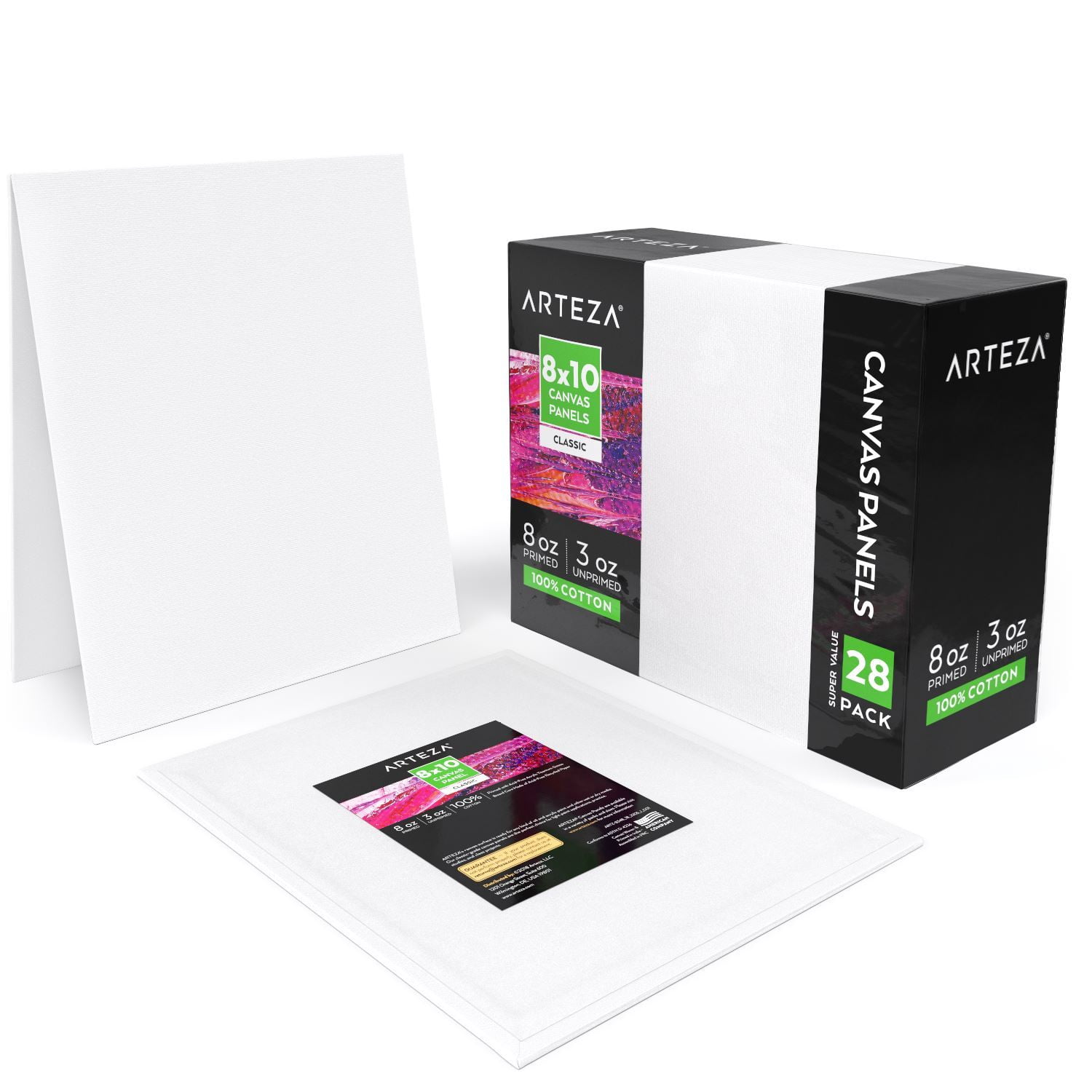 Arteza Canvas Panels, Classic, White, 8"x10", Blank Canvas Boards for Painting - 28 Pack