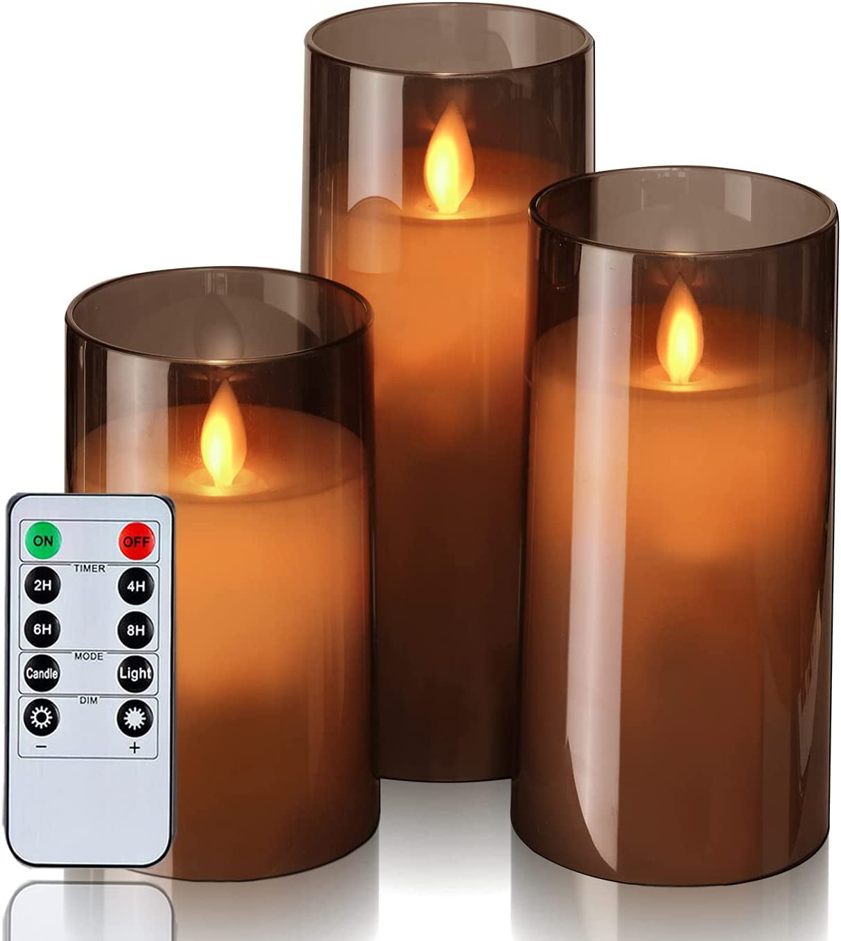 Set of 3 Battery Operated Acrylic LED Pillar Candles with Remote Control and Timer Homemory White Flickering Flameless Candles 