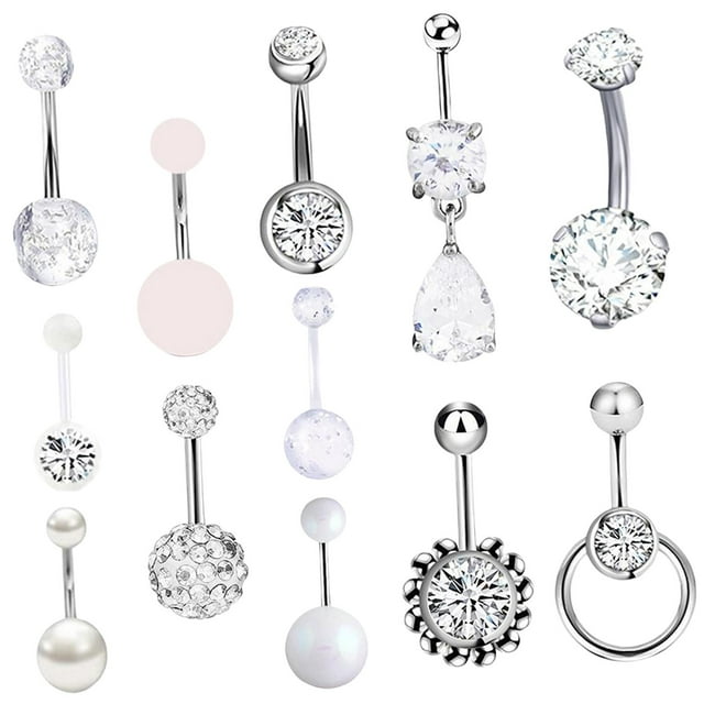 12Pcs Fashion Belly Button Rings 316L Stainless Steel Zircon for Women Girls