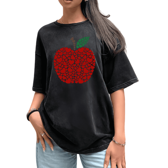 Women's Valentine's Day Retro Washed Heart Apple Graphic Crew Neck Printed Cotton T-Shirt Black S-2XL Plus Size