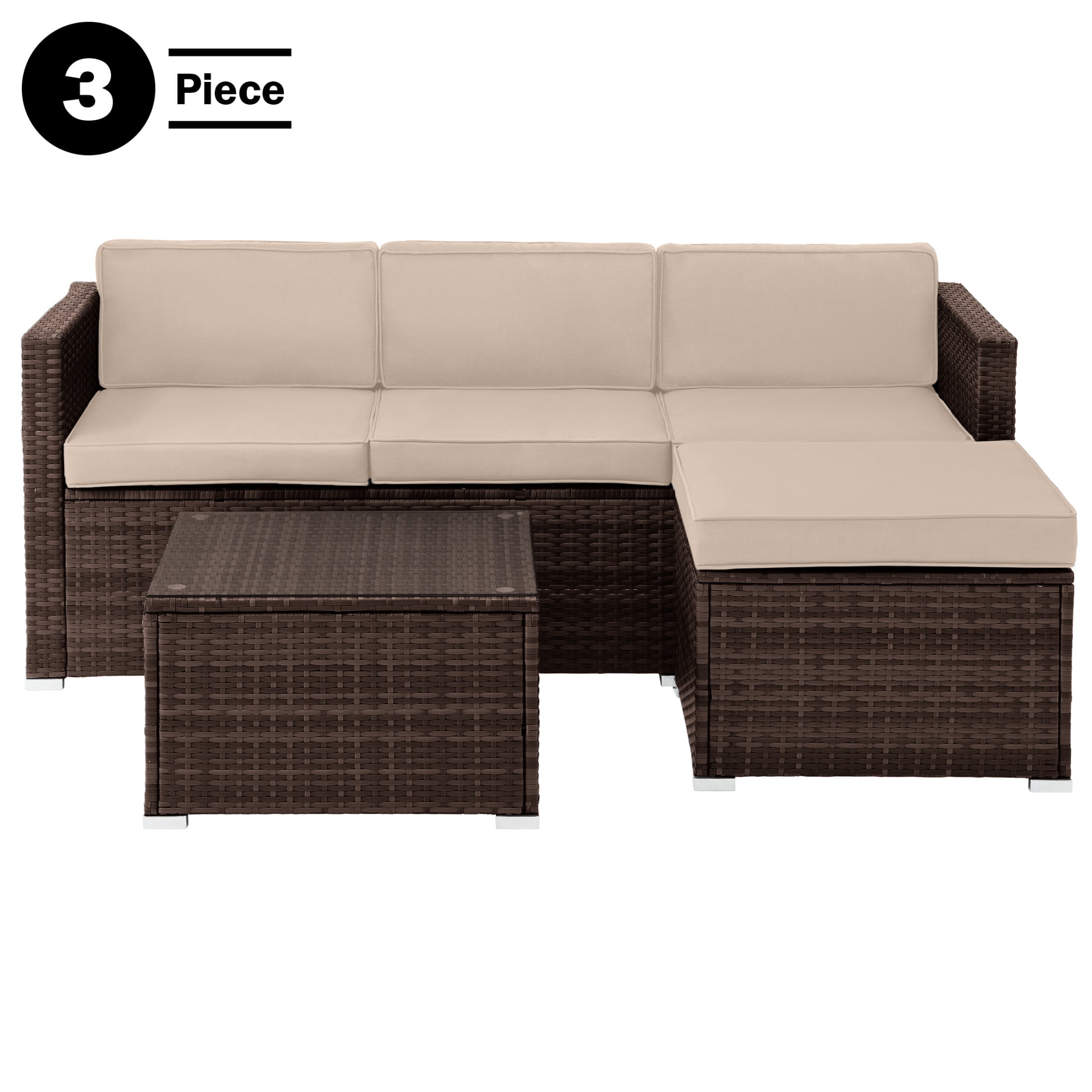 Lavish Home 3PC Synthetic Rattan  Rattan Patio Furniture Set with Sectional and Table for 3 Adults (Brown)