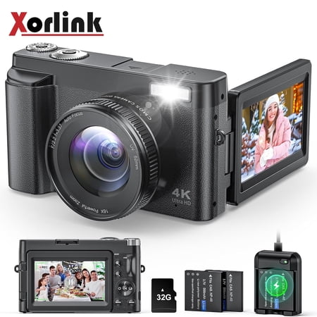 4K Digital Camera for Photography and Video, Autofocus Anti-Shake 48MP Vlogging Camera for YouTube, 3'' 180°Flip Screen Camera with Flash 16X Zoom, Digital Camera with 32GB Card Battery Charger Black
