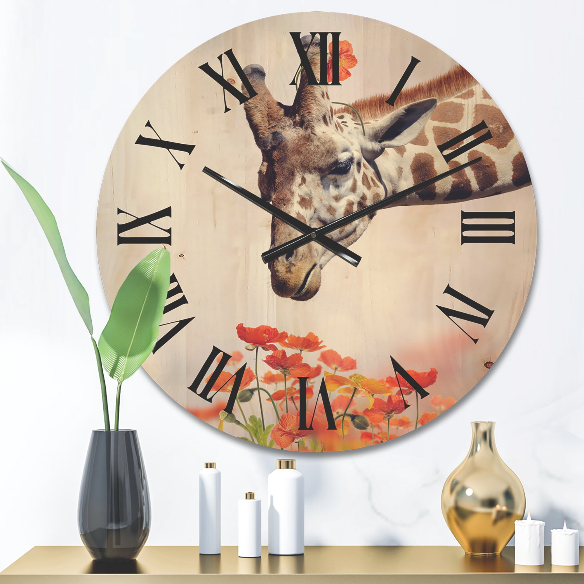 Designart 'Portrait of A Giraffe With Orange Flowers' Farmhouse Wood Wall Clock