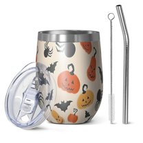 12oz Stemless Wine Tumblers Halloween Pumpkin Spider Pattern Vacuum Insulated Stainless Steel Travel Tumbler Cups Mug with Lid and Straw for Champaign,Cocktail,Beer with Cleaning Brush
