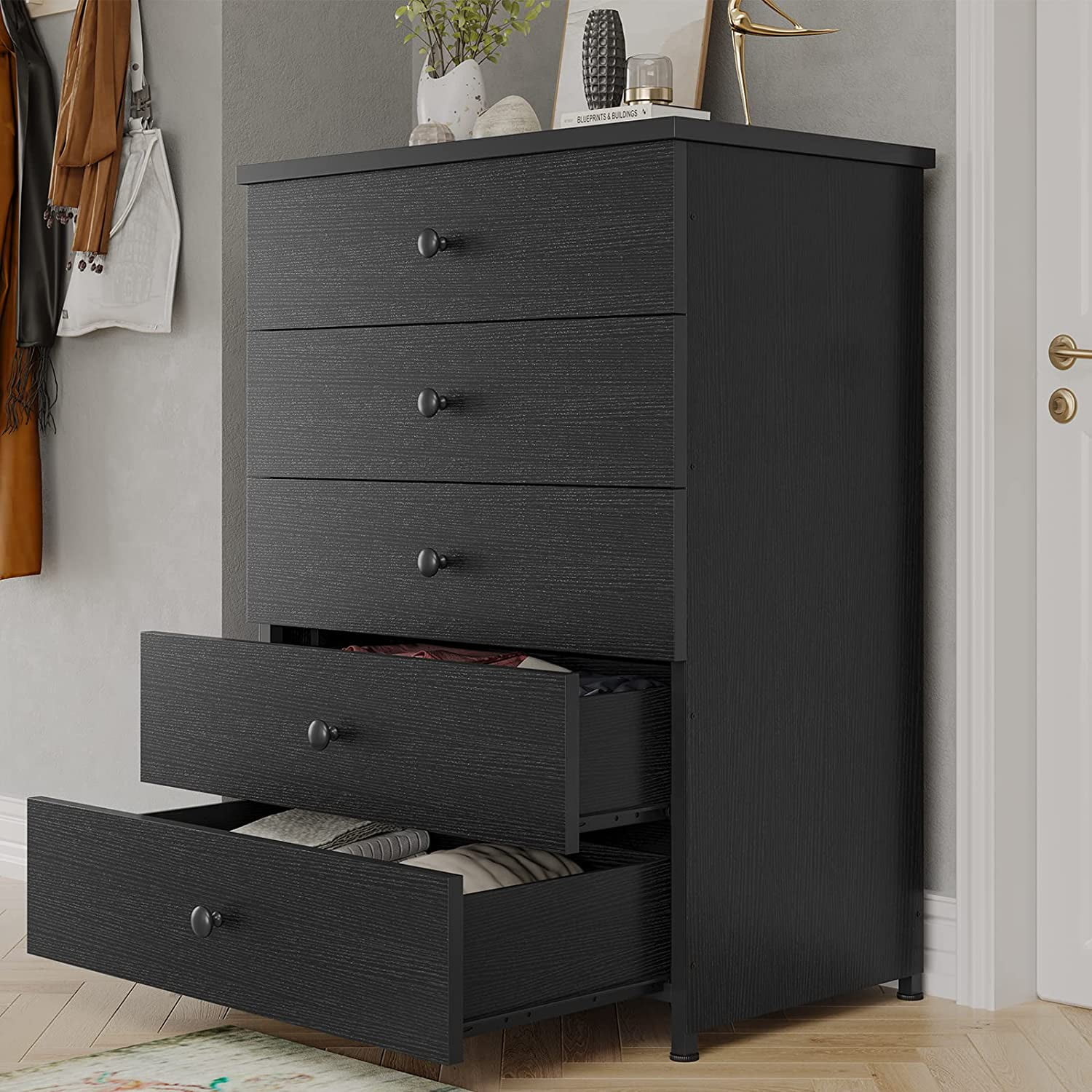 5 Drawer Dresser for Bedroom, Modern Chest of Drawers Storage Cabinet with  Heavy Sturdy Steel Frame for Living Room Hallway, Black - Walmart.com