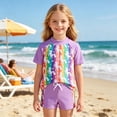 thumbnail image 3 of Lanbubble Girls Rash Guard Swimsuit Set Short Sleeve UPF 50+ 2 Pieces Bathing Suit 5-6 Years, 3 of 8