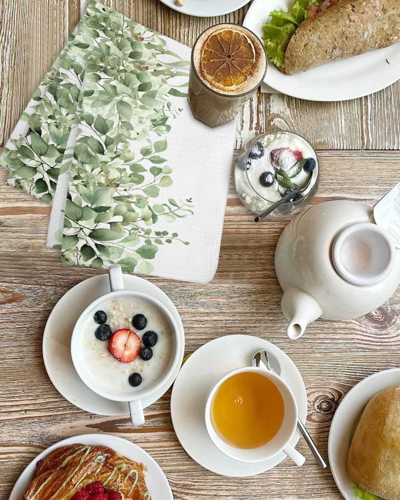 Sage Green Eucalyptus Leaves Hand Towels Set,Waffle Weave Kitchen Towels 3Pcs,Spring Summer Botanical Floral Microfiber Hair Face Bath Tea Towel Absorbent Cleaning Dish Cloths 15.7"x23.6"
